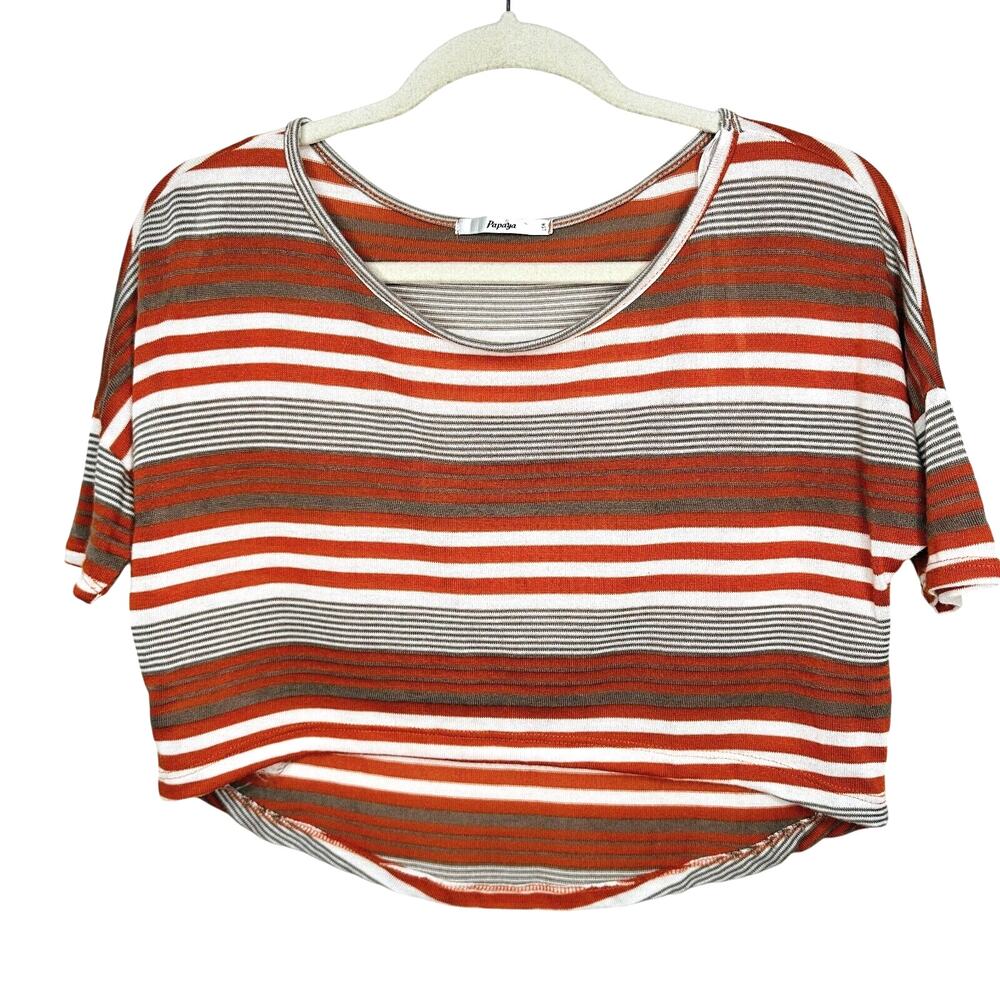 Papaya Casual White Orange Tan Striped Short Sleeve Crop Scoop Neck Tee Medium